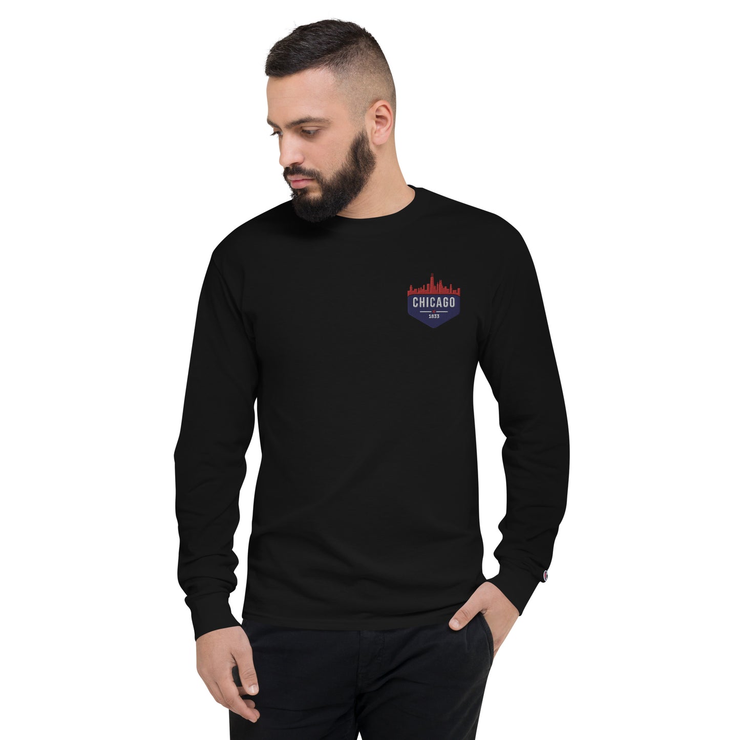 Men's Champion Long Sleeve Shirt | Embroidered Chicago Cubs Theme Patch