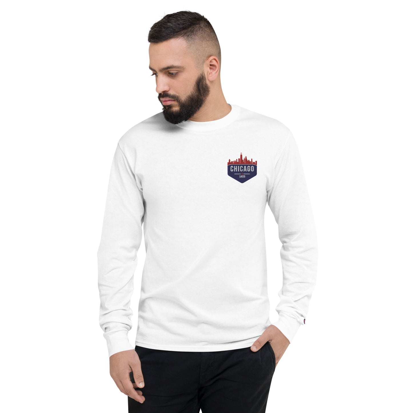 Men's Champion Long Sleeve Shirt | Embroidered Chicago Cubs Theme Patch